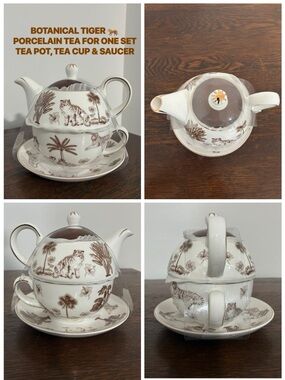 NWT- White Porcelain -Tea For 1- Pot, Cup & Saucer Brown Botanical & Tiger Motif